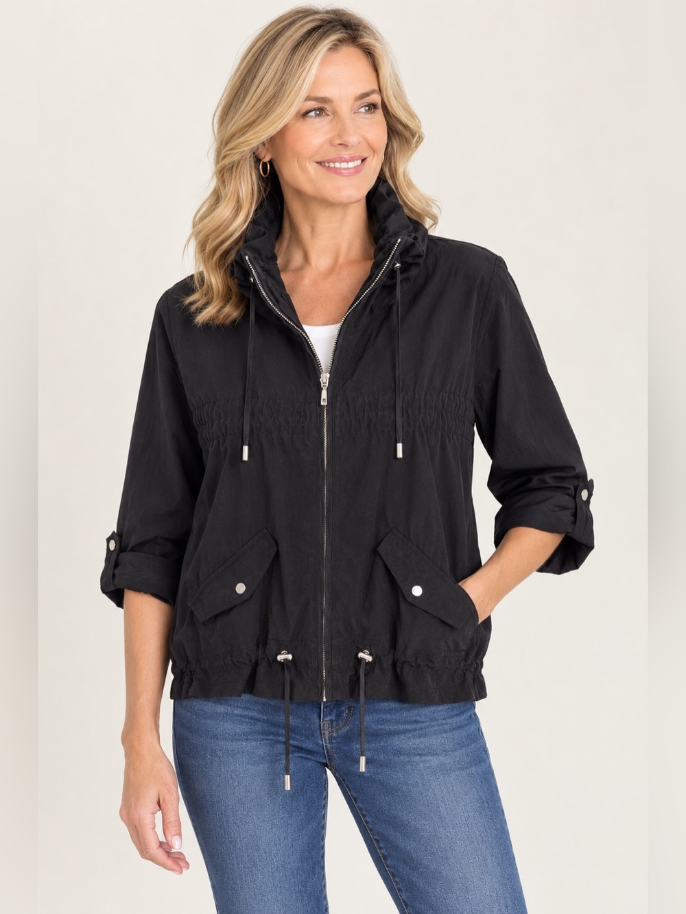 Chico’s Zenergy Black Zip-Front Drawstring Jacket Size 1 (small)